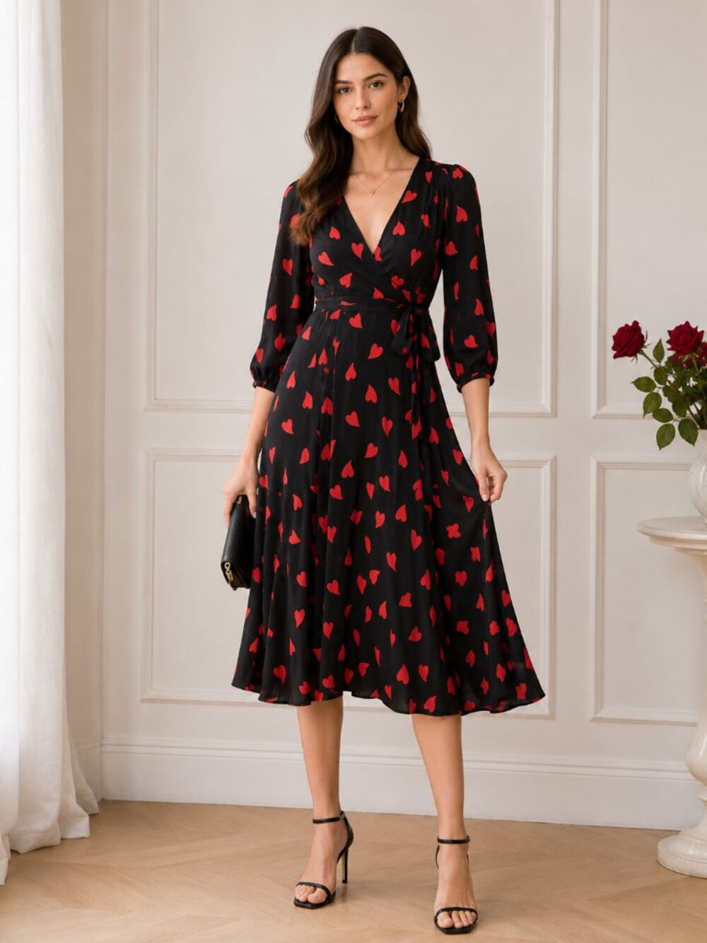 Mirae Victoria Heart Black with Red Heart Print Wrap Midi Dress Sz 40